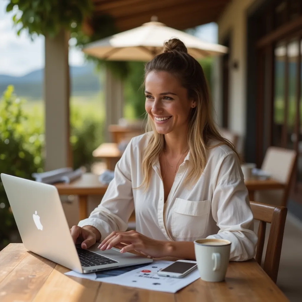 Woman using a laptop smiling