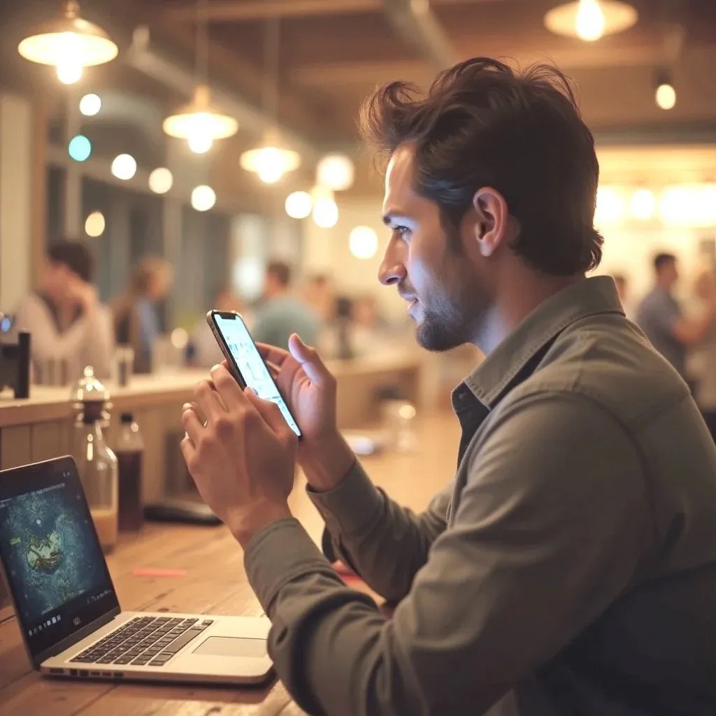 Man using a phone and laptop in a shared office space