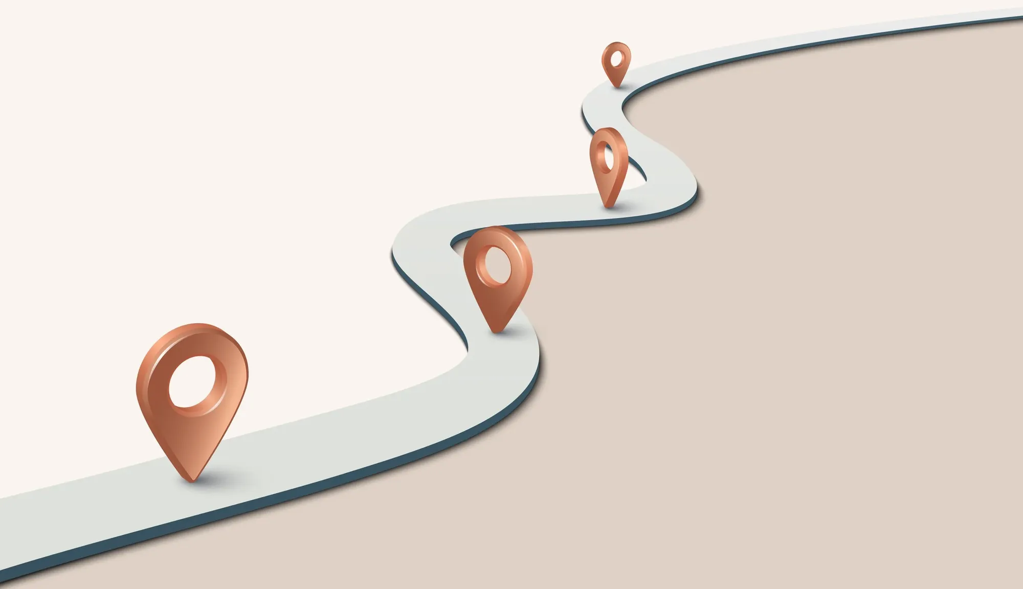 A stylised illustration of a winding road with four copper-coloured location markers along the path.